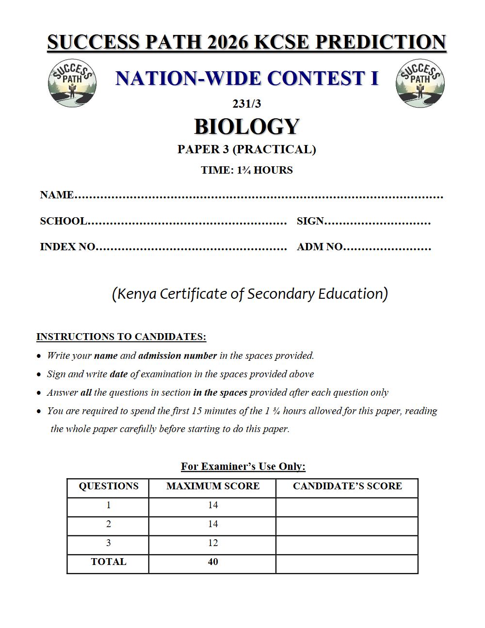 Preview of Form 4 KCSE Prediction Biology Paper 3 Prediction Paper 2026