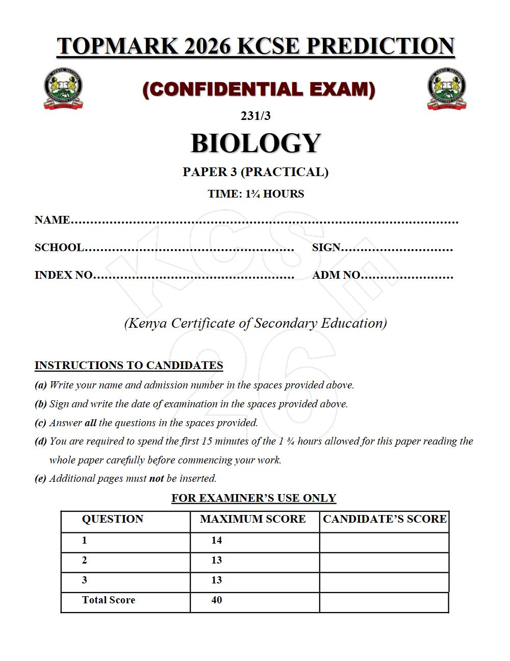 Preview of Form 4 KCSE Prediction Biology Paper 3 Prediction Paper 2026