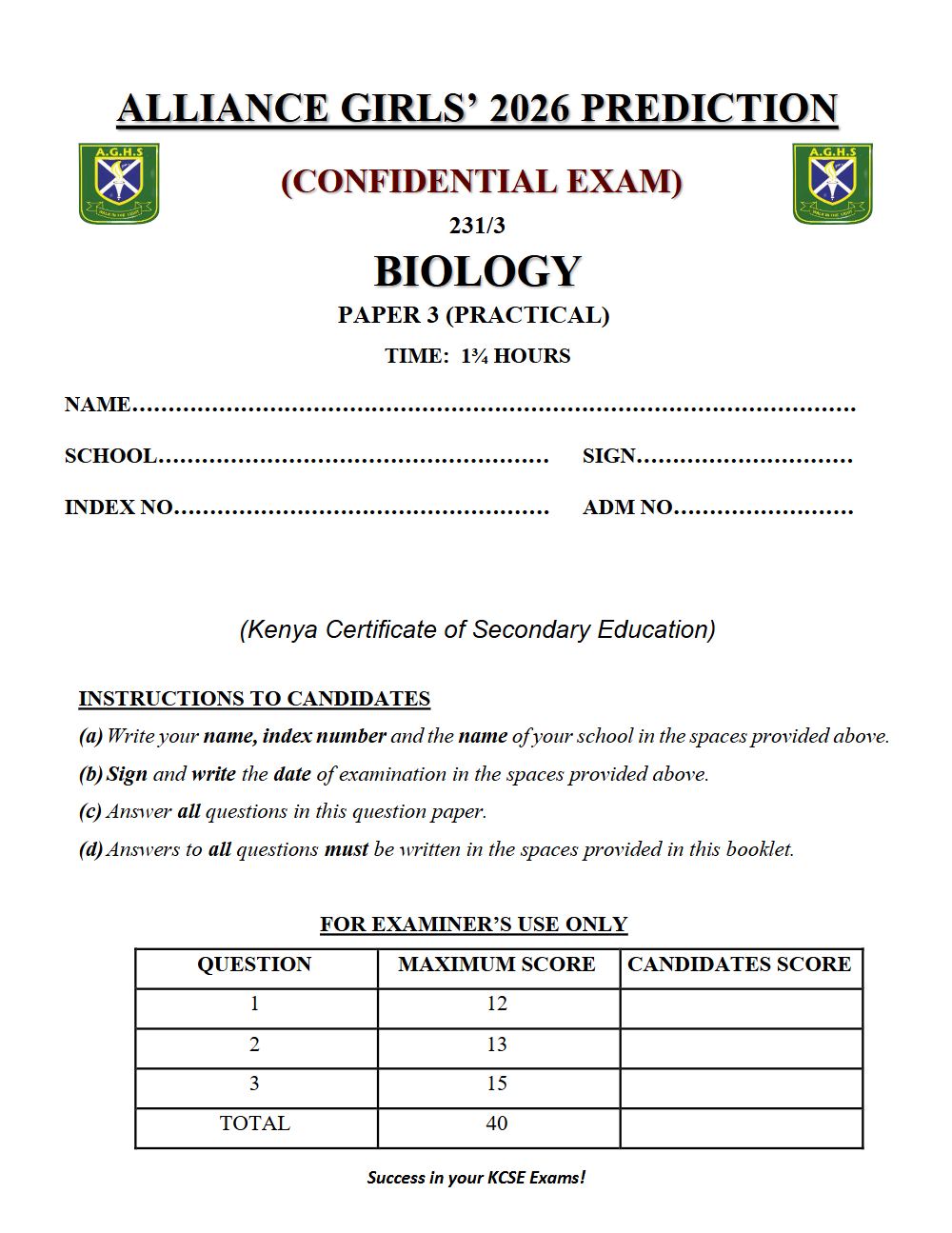 Preview of Form 4 KCSE Prediction Biology Paper 3 Prediction Paper 2026