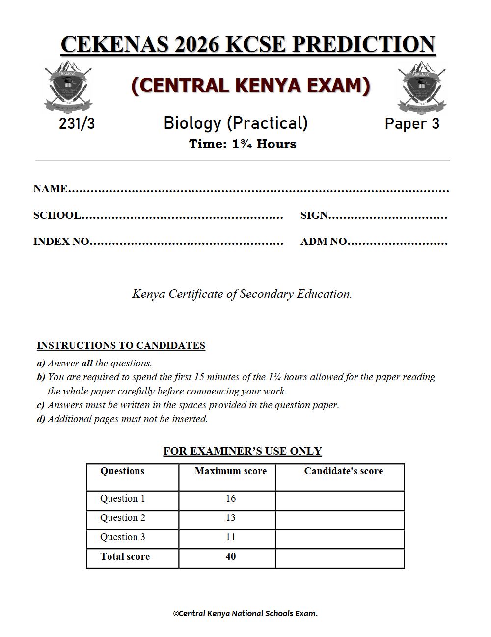 Preview of Form 4 KCSE Prediction Biology Paper 3 Prediction Paper 2026