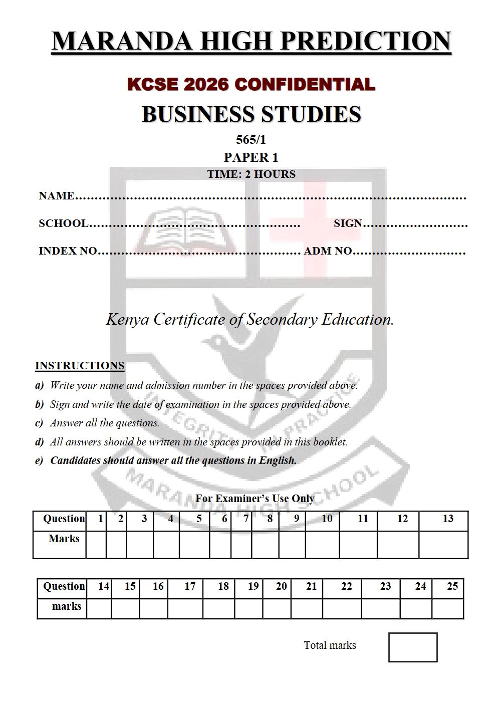 Thumbnail preview of Form 4 Business Studies Paper 1 KCSE Prediction 2026_22