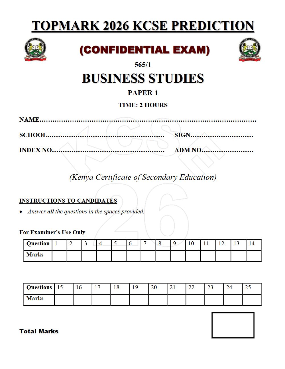 Preview of Form 4 KCSE Prediction Business Studies Paper 1 Prediction Paper 2026
