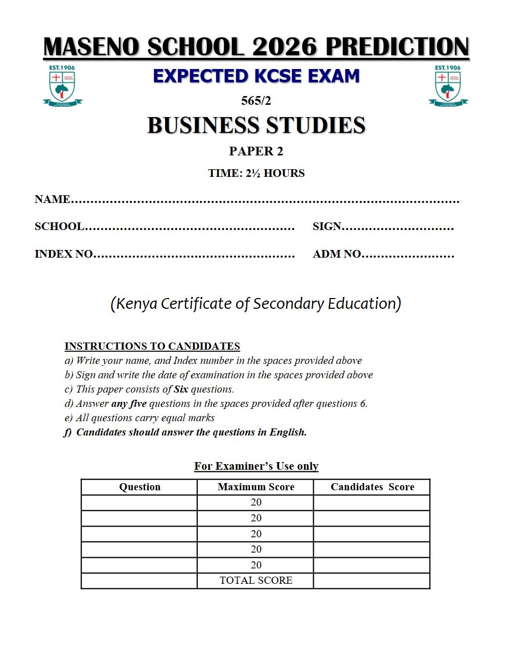 Preview of Form 4 KCSE Prediction Business Studies Paper 2 Prediction Paper 2026