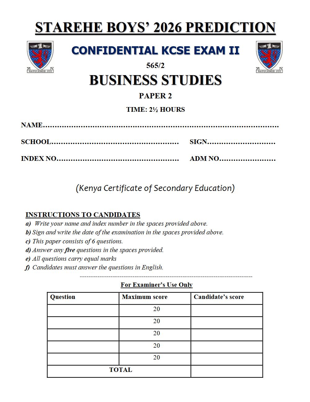 Preview of Form 4 KCSE Prediction Business Studies Paper 2 Prediction Paper 2026