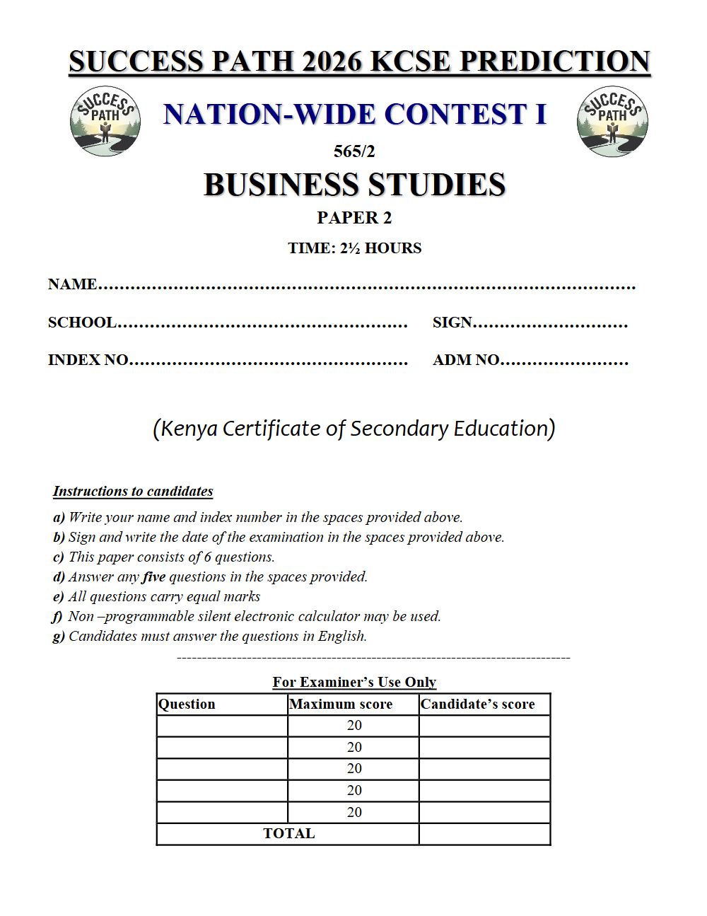 Preview of Form 4 KCSE Prediction Business Studies Paper 2 Prediction Paper 2026