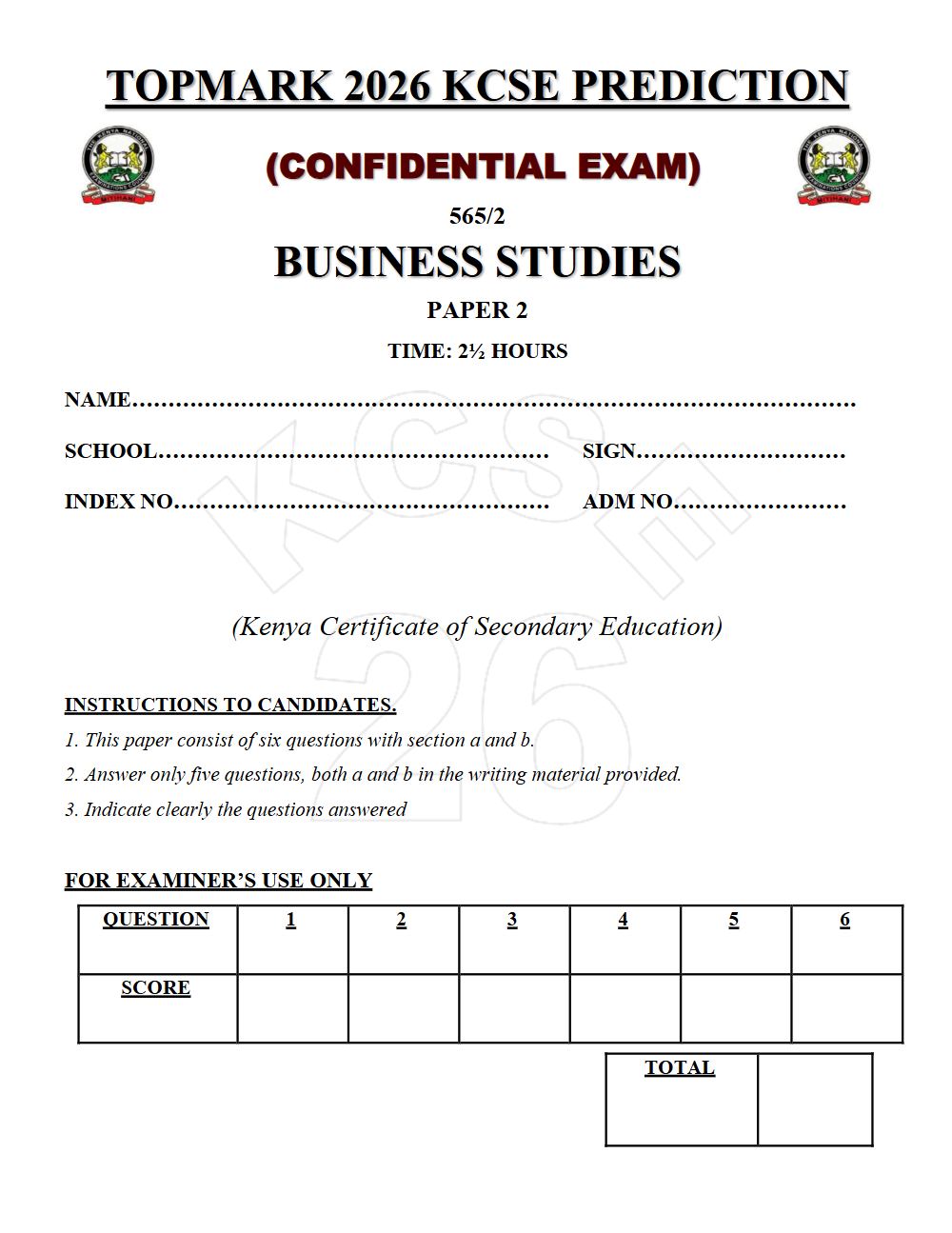Preview of Form 4 KCSE Prediction Business Studies Paper 2 Prediction Paper 2026