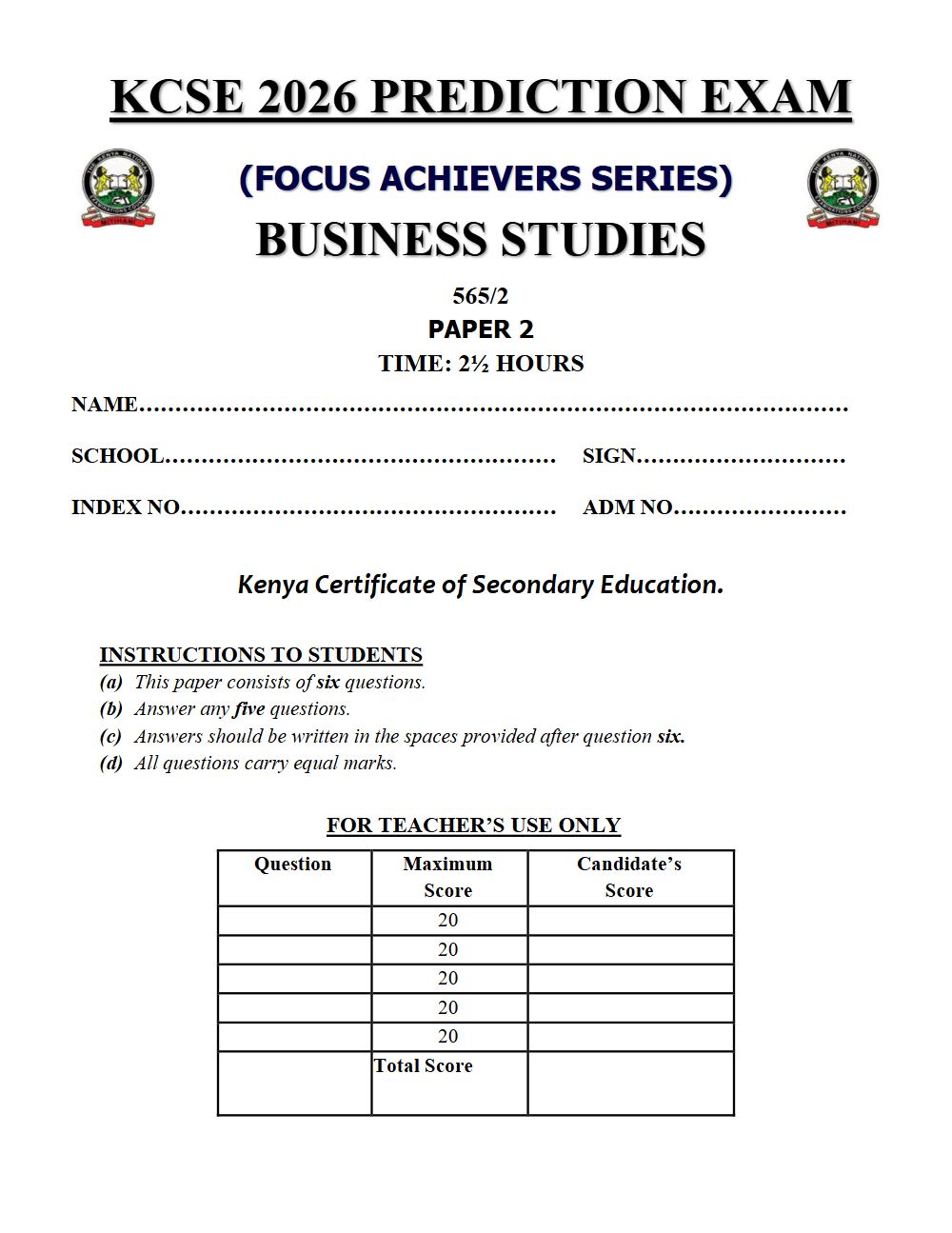 Preview of Form 4 KCSE Prediction Business Studies Paper 2 Prediction Paper 2026