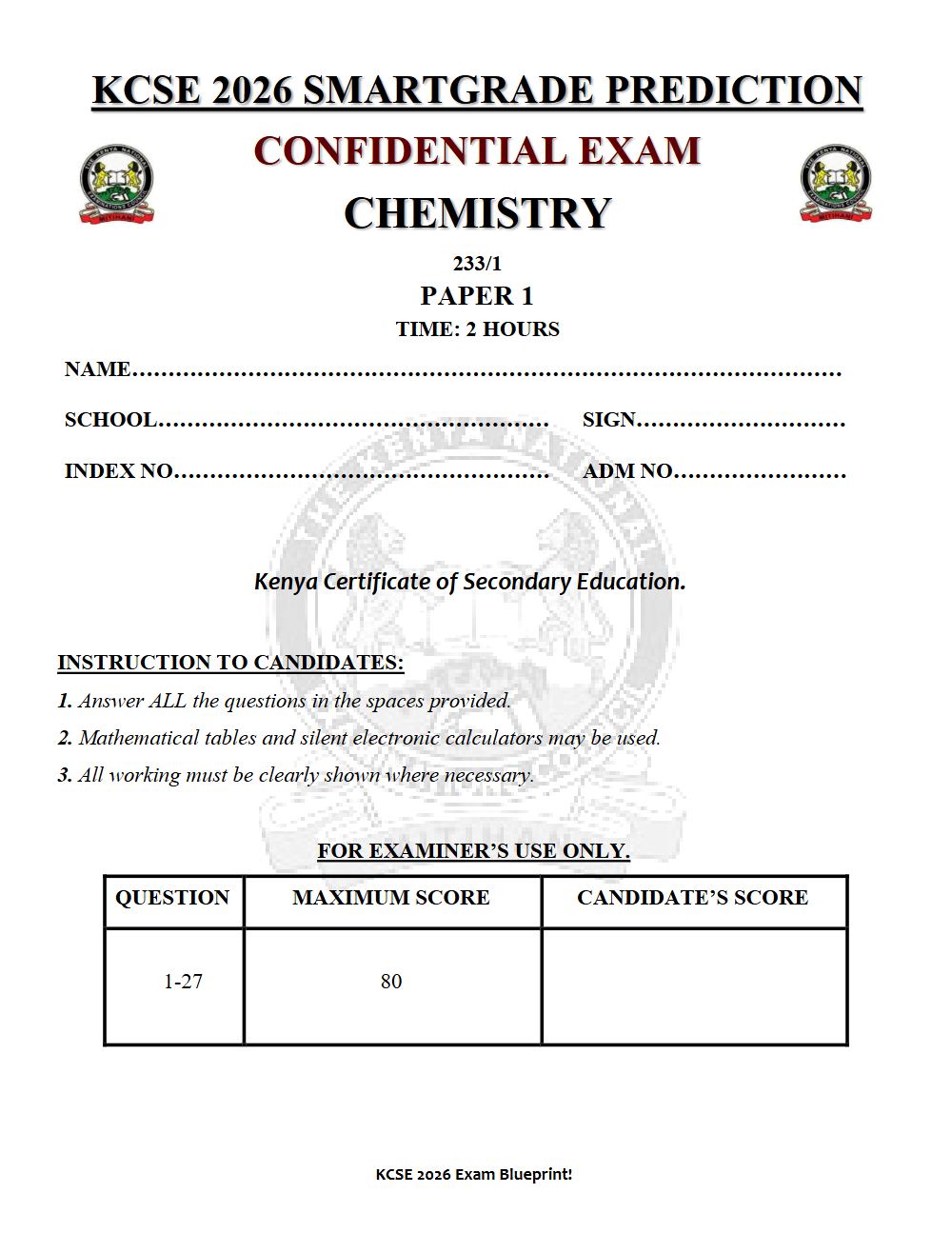 Preview of Form 4 KCSE Prediction Chemistry Paper 1 Prediction Paper 2026