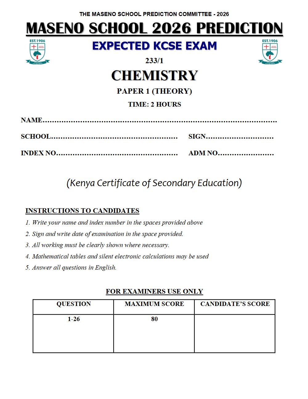 Preview of Form 4 KCSE Prediction Chemistry Paper 1 Prediction Paper 2026