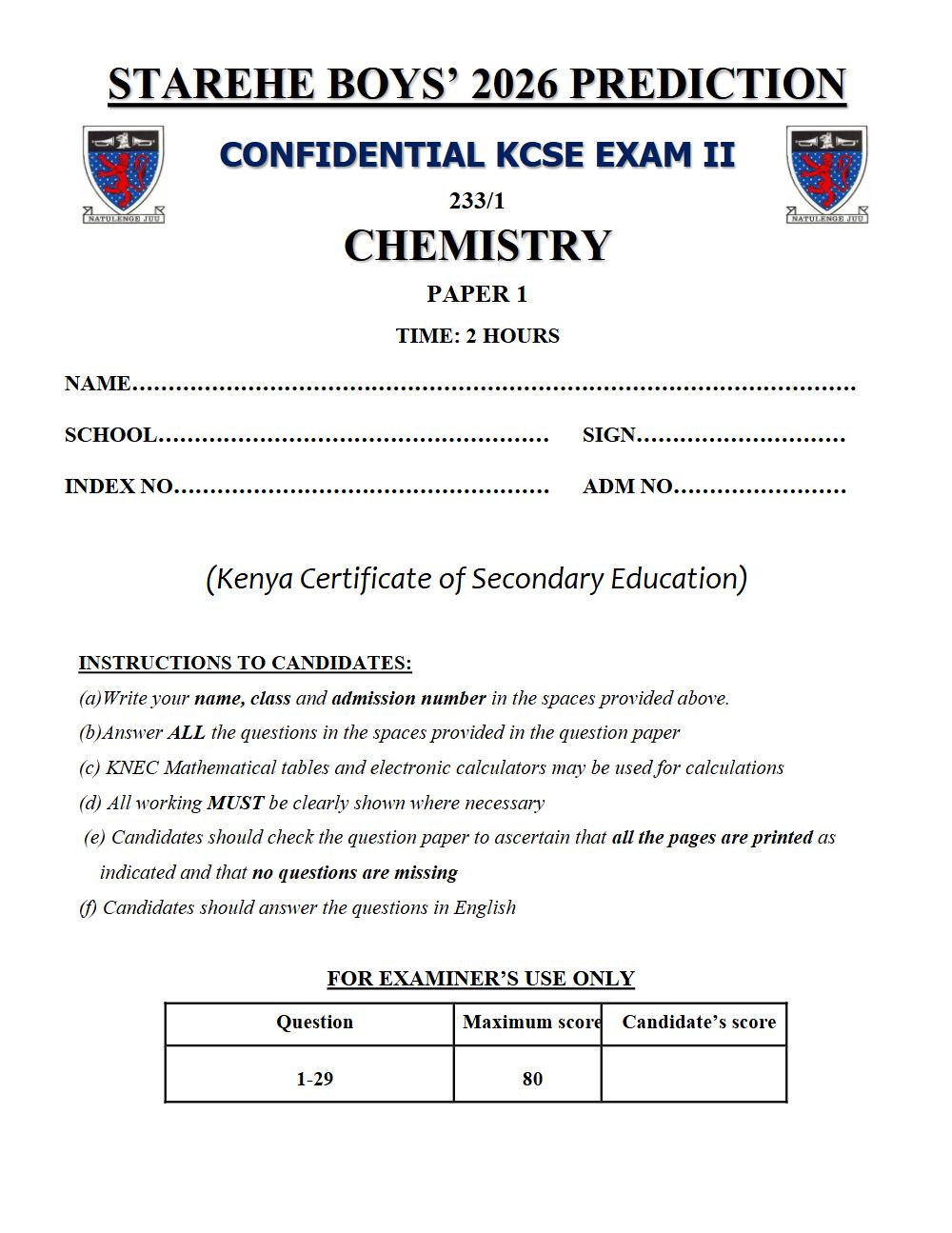 Preview of Form 4 KCSE Prediction Chemistry Paper 1 Prediction Paper 2026