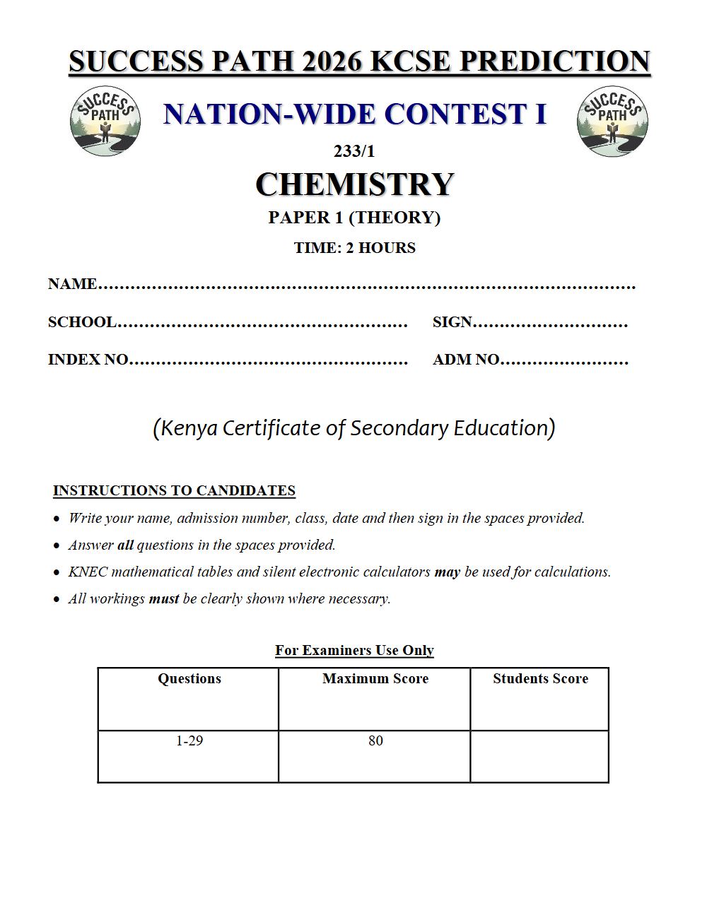 Preview of Form 4 KCSE Prediction Chemistry Paper 1 Prediction Paper 2026