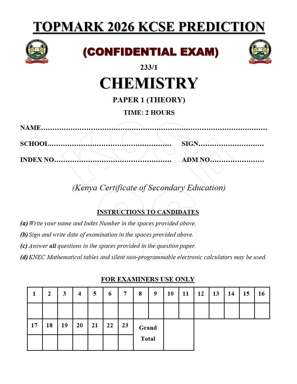 Preview of Form 4 KCSE Prediction Chemistry Paper 1 Prediction Paper 2026