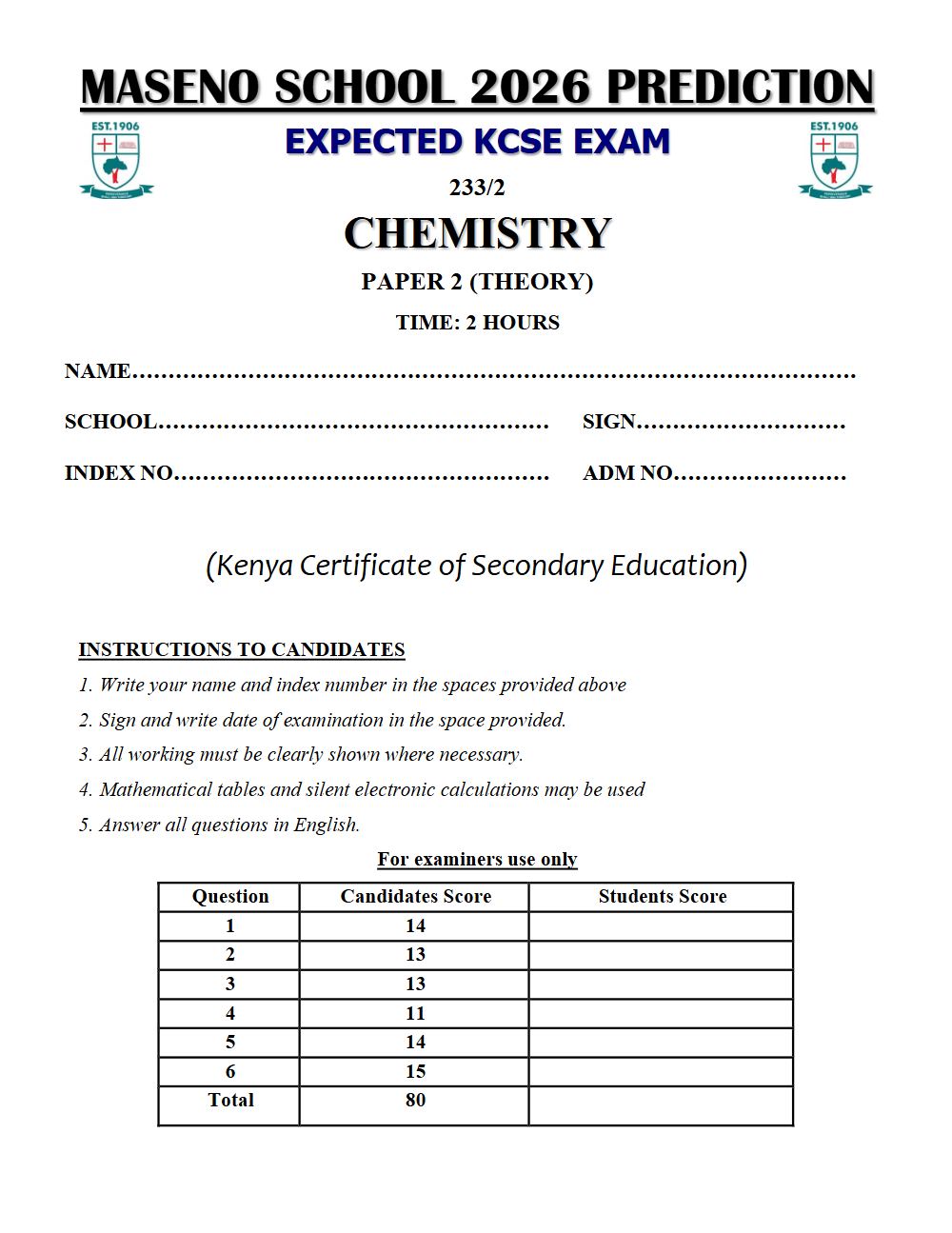 Preview of Form 4 KCSE Prediction Chemistry Paper 2 Prediction Paper 2026