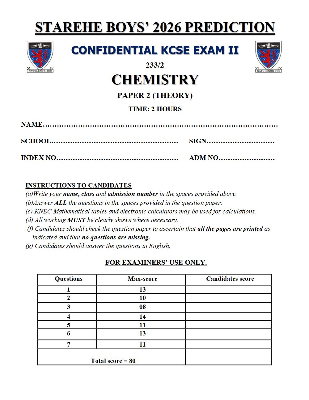 Preview of Form 4 KCSE Prediction Chemistry Paper 2 Prediction Paper 2026