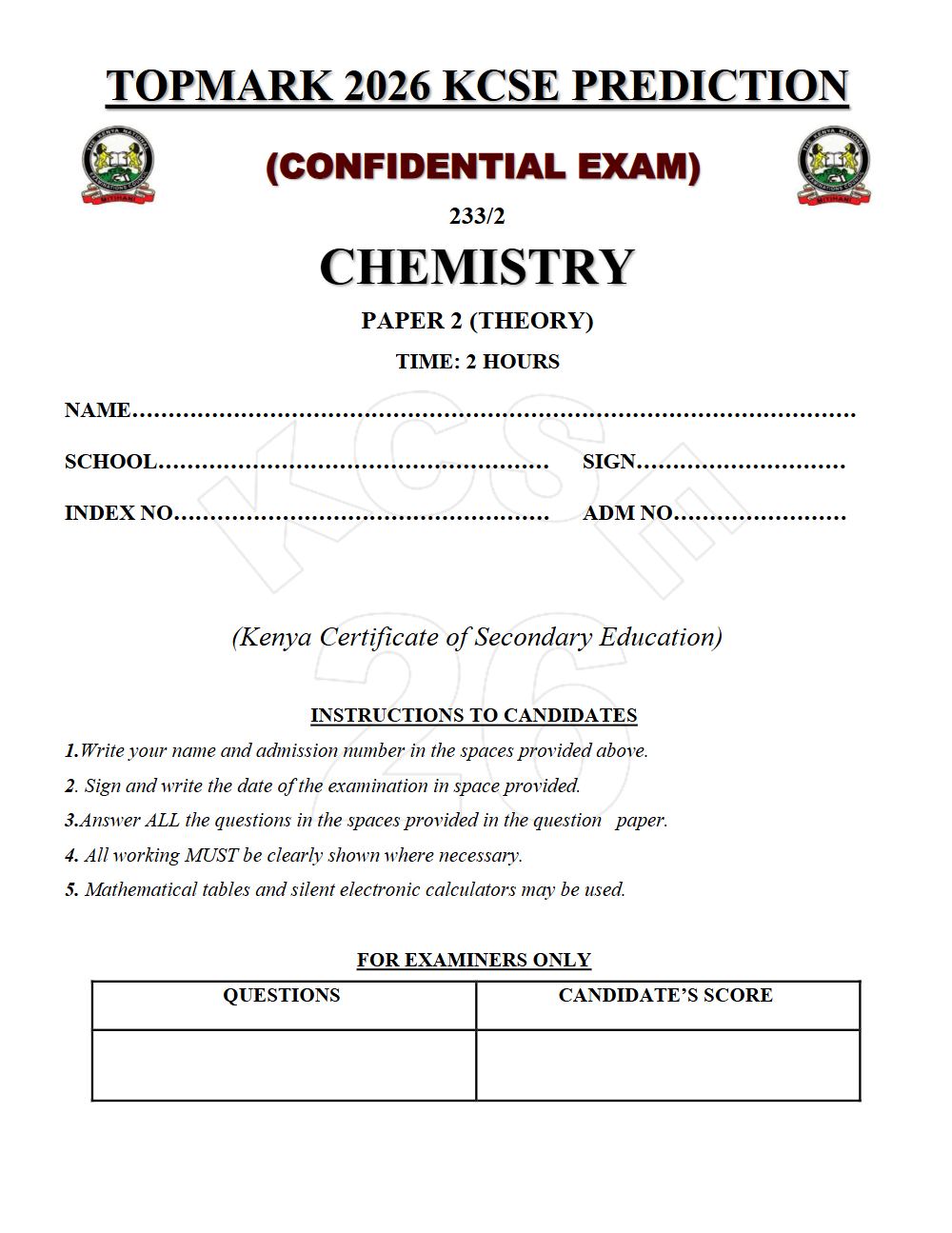 Preview of Form 4 KCSE Prediction Chemistry Paper 2 Prediction Paper 2026