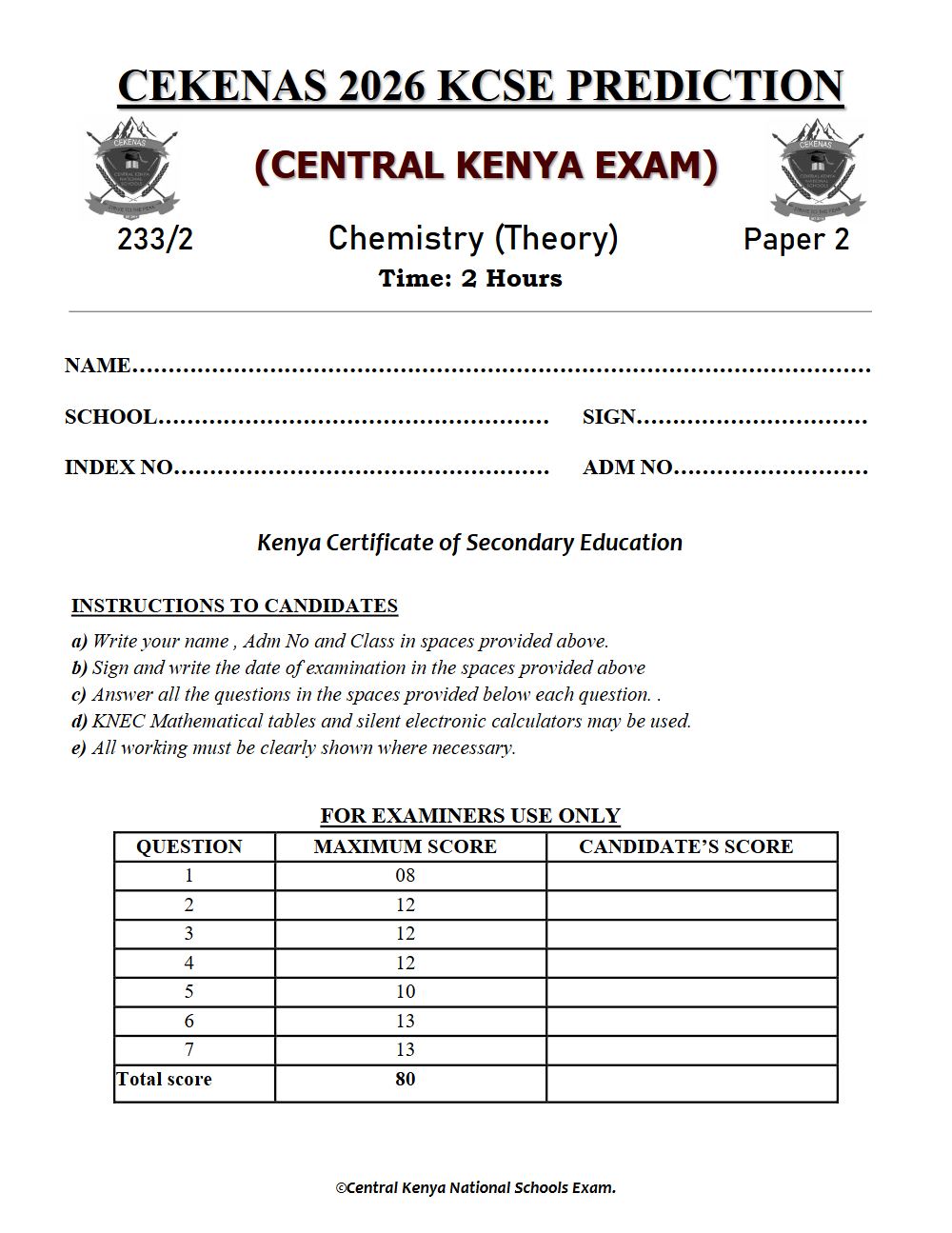 Preview of Form 4 KCSE Prediction Chemistry Paper 2 Prediction Paper 2026