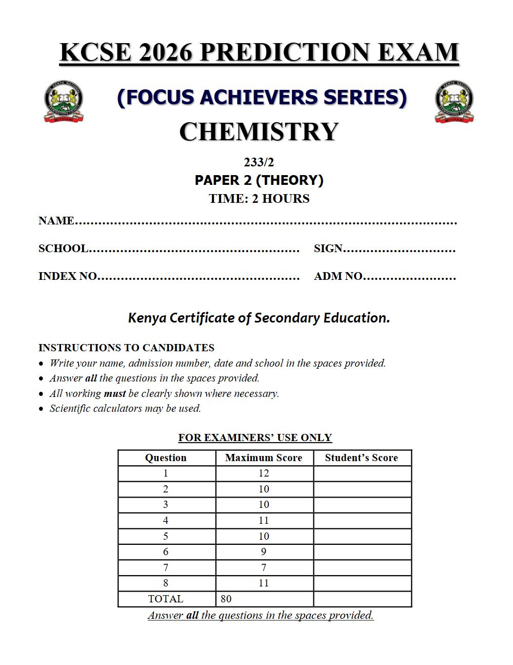 Preview of Form 4 KCSE Prediction Chemistry Paper 2 Prediction Paper 2026