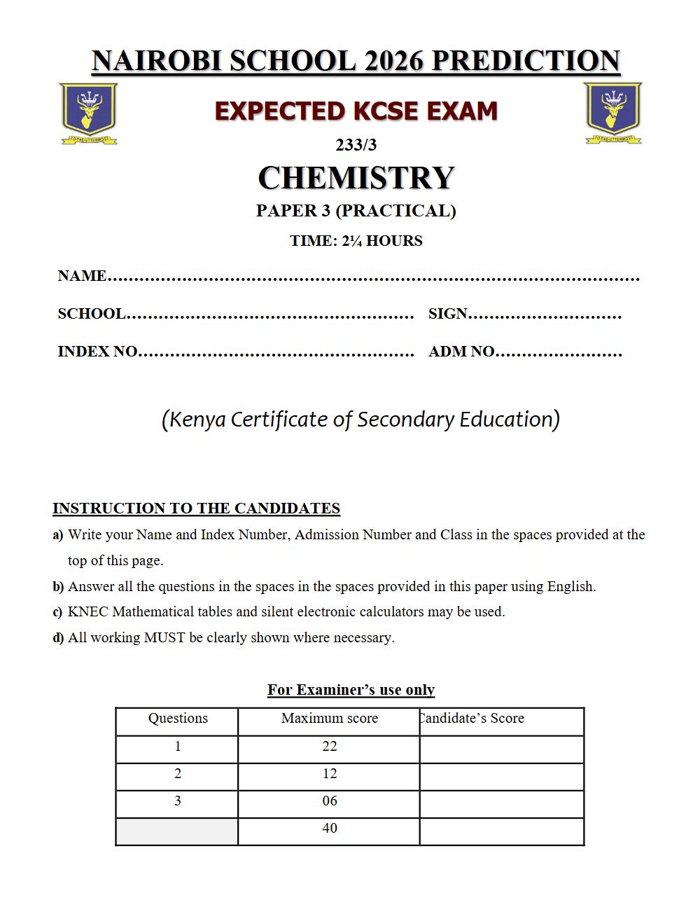 Preview of Form 4 KCSE Prediction Chemistry Paper 3 Prediction Paper 2026