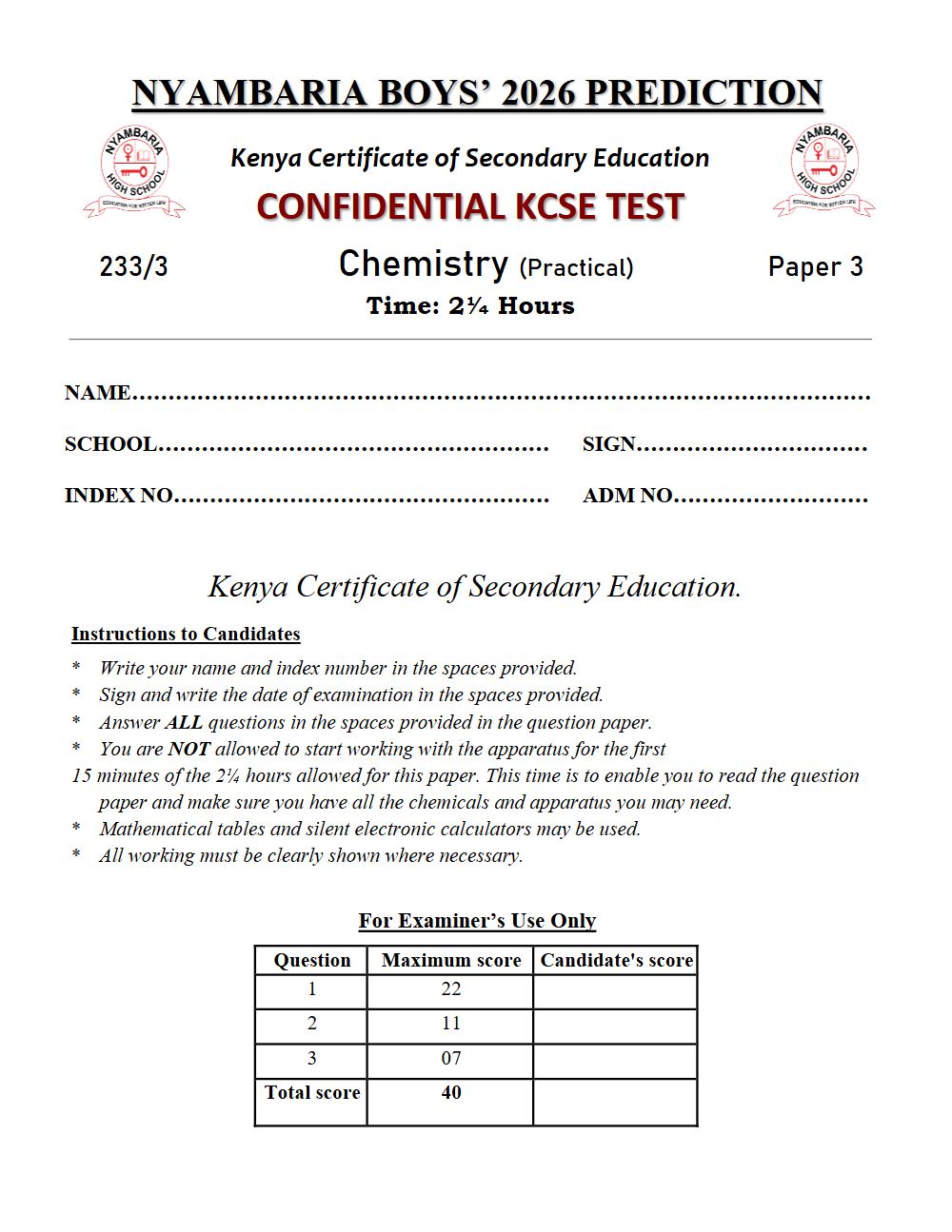 Preview of Form 4 KCSE Prediction Chemistry Paper 3 Prediction Paper 2026
