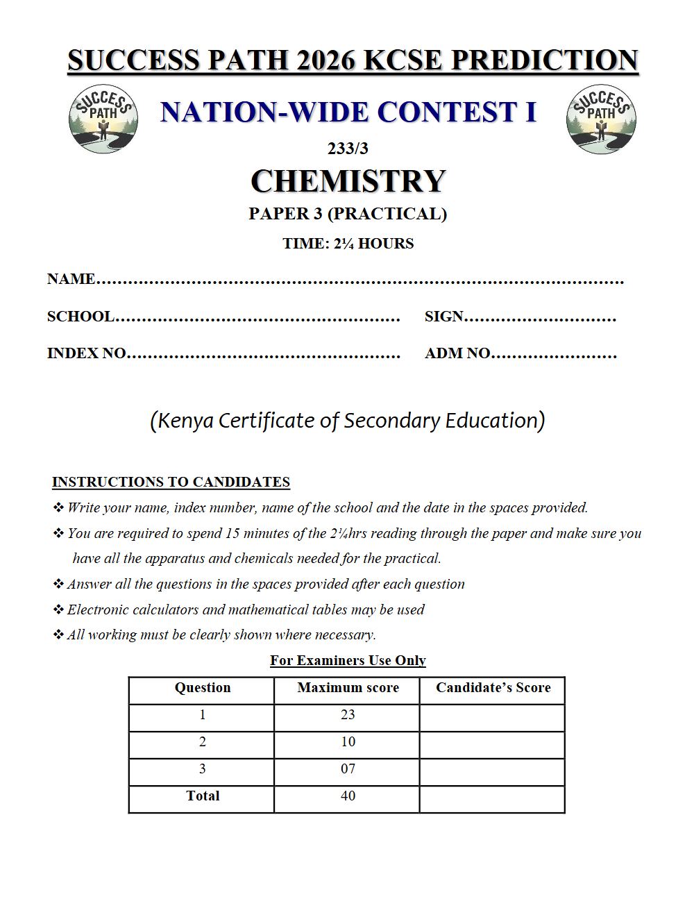 Preview of Form 4 KCSE Prediction Chemistry Paper 3 Prediction Paper 2026