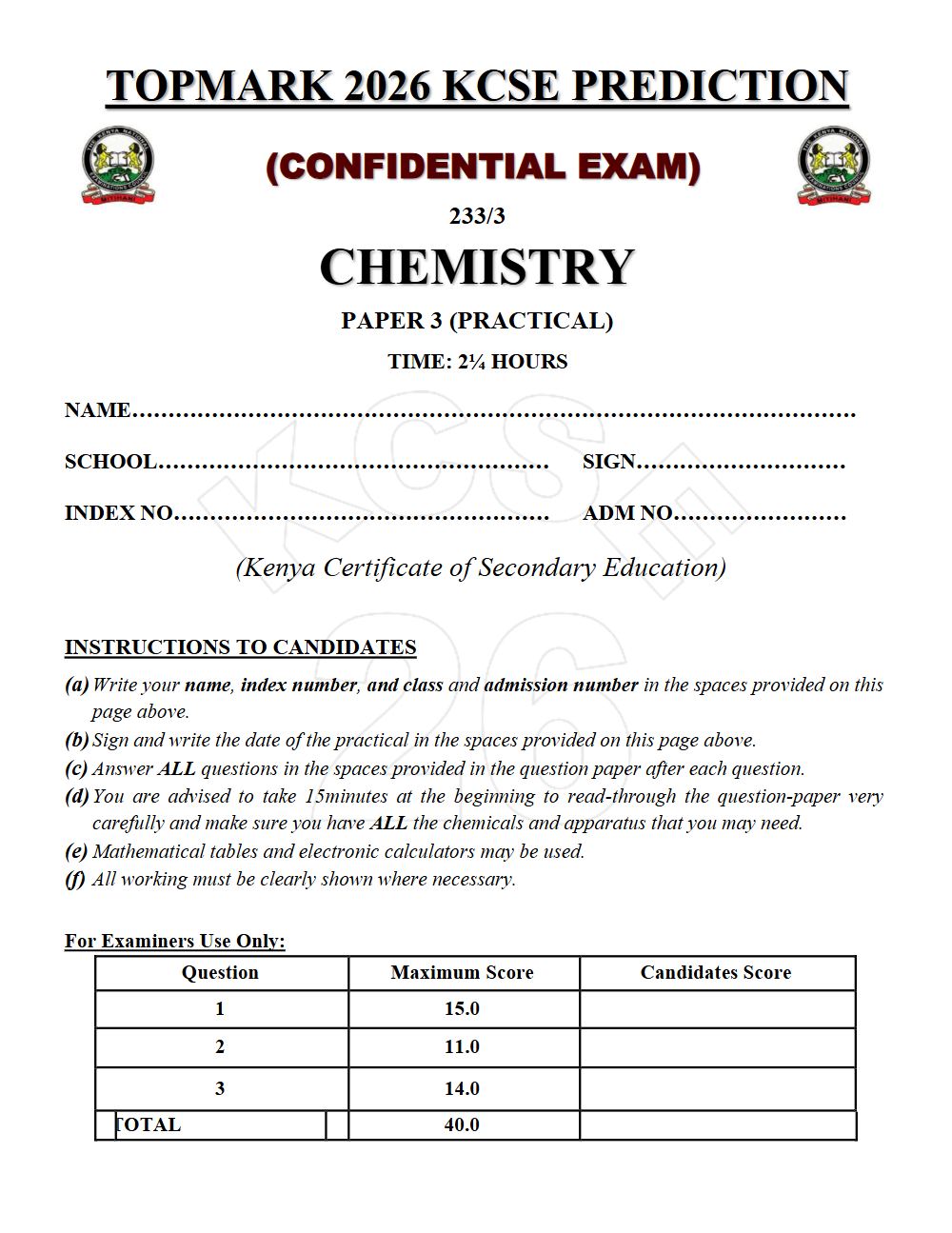 Preview of Form 4 KCSE Prediction Chemistry Paper 3 Prediction Paper 2026
