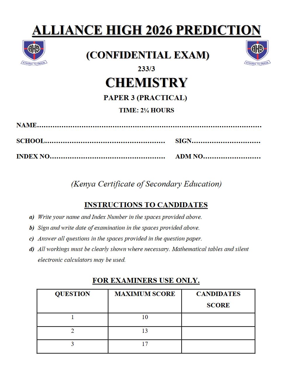 Preview of Form 4 KCSE Prediction Chemistry Paper 3 Prediction Paper 2026