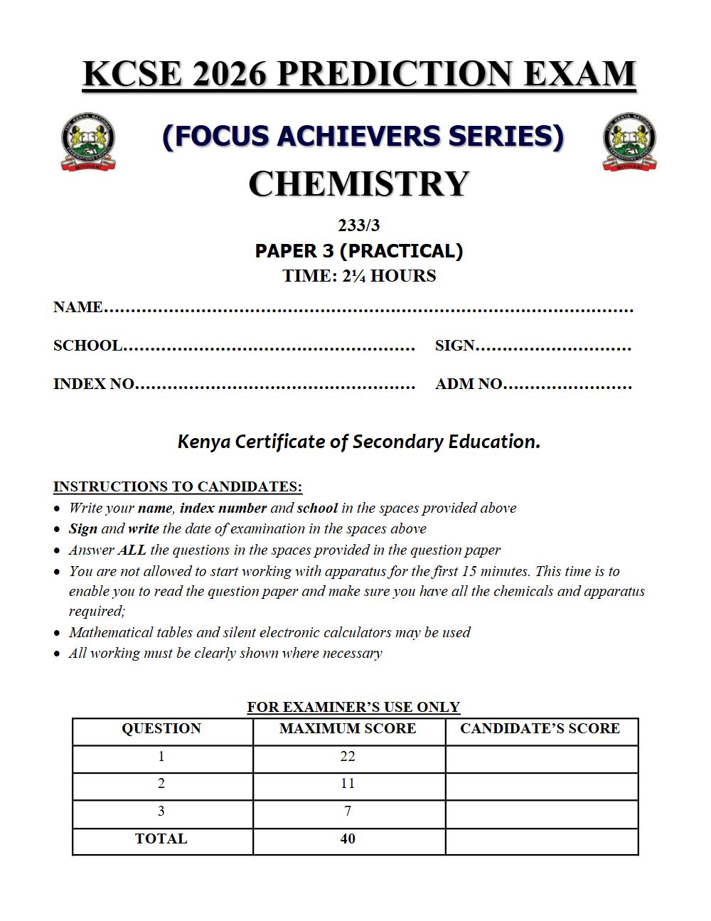 Preview of Form 4 KCSE Prediction Chemistry Paper 3 Prediction Paper 2026