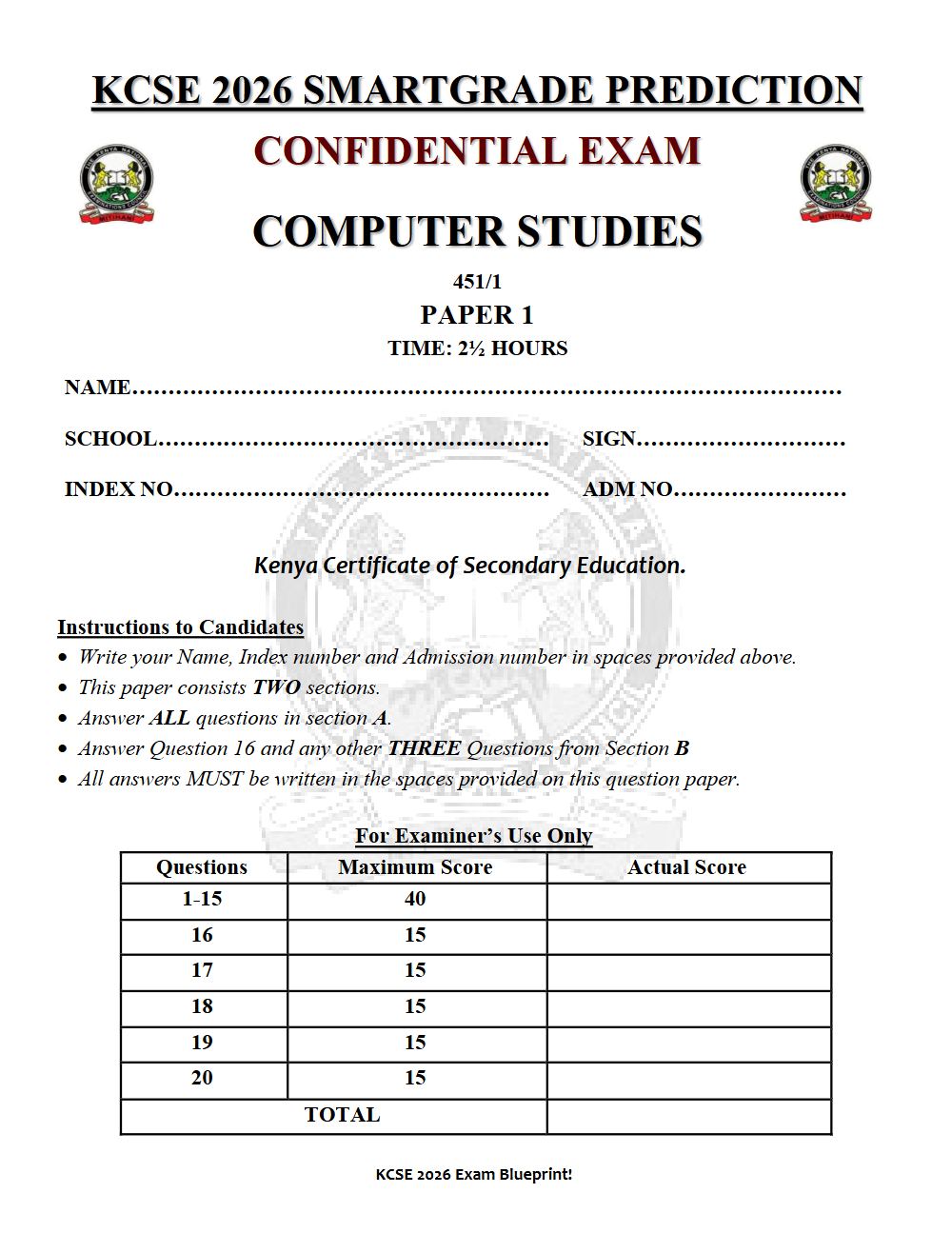 Preview of Form 4 KCSE Prediction Computer Studies Paper 1 Prediction Paper 2026