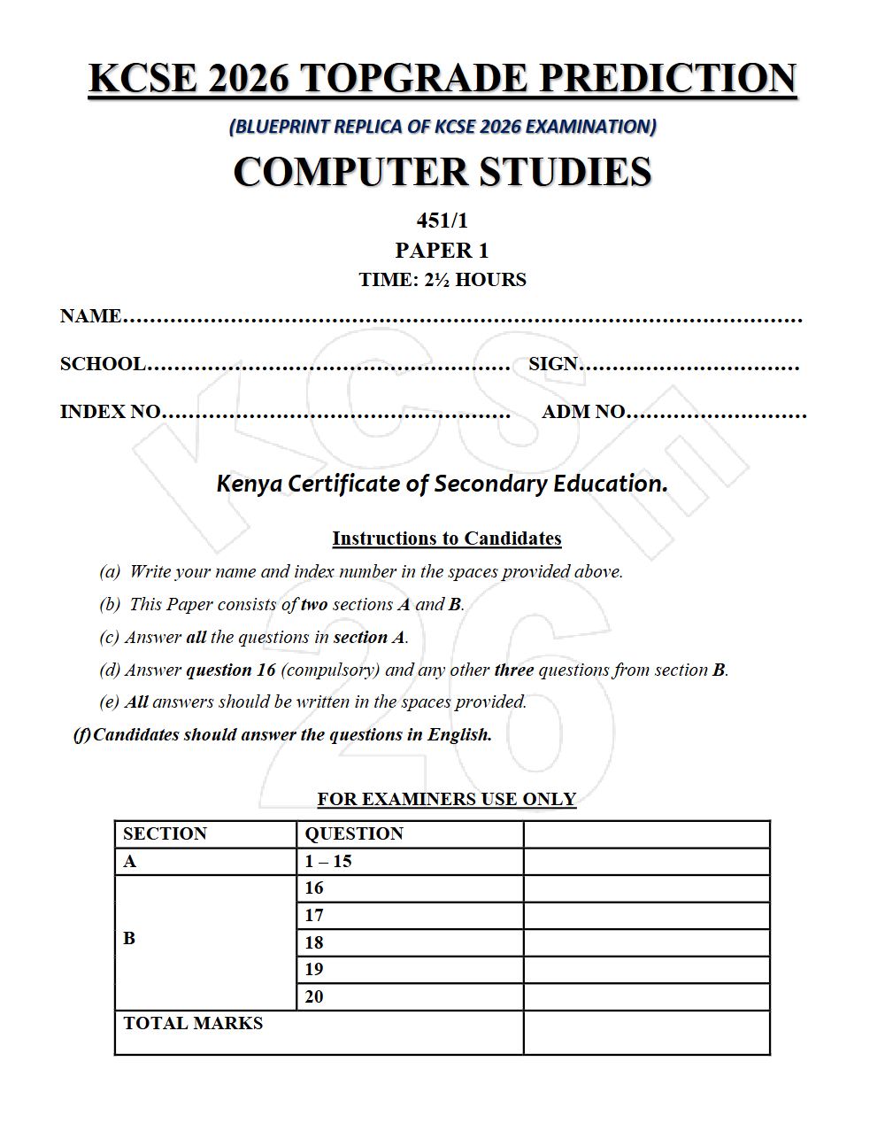 Preview of Form 4 KCSE Prediction Computer Studies Paper 1 Prediction Paper 2026