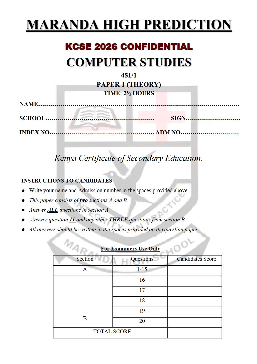 Thumbnail preview of Form 4 Computer Studies Paper 1 KCSE Prediction 2026_22