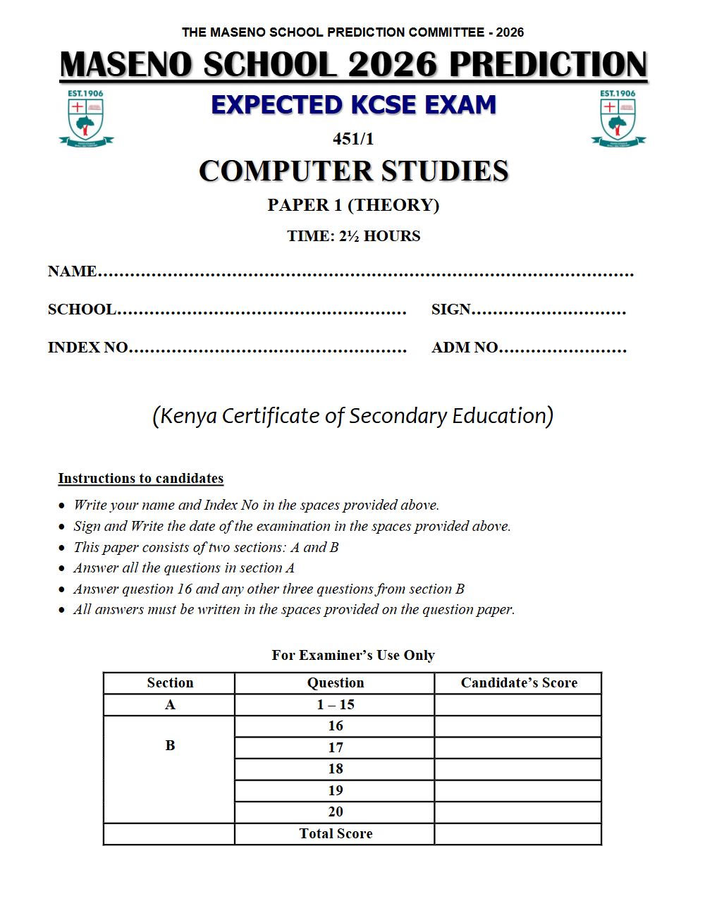 Preview of Form 4 KCSE Prediction Computer Studies Paper 1 Prediction Paper 2026