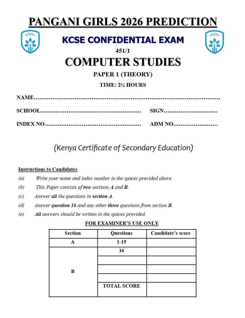 Thumbnail preview of Form 4 Computer Studies Paper 1 KCSE Prediction 2026_29