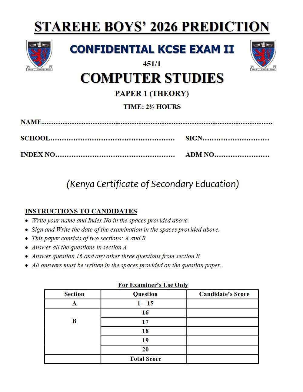 Preview of Form 4 KCSE Prediction Computer Studies Paper 1 Prediction Paper 2026