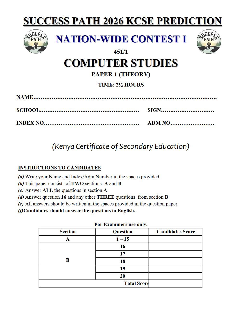 Preview of Form 4 KCSE Prediction Computer Studies Paper 1 Prediction Paper 2026