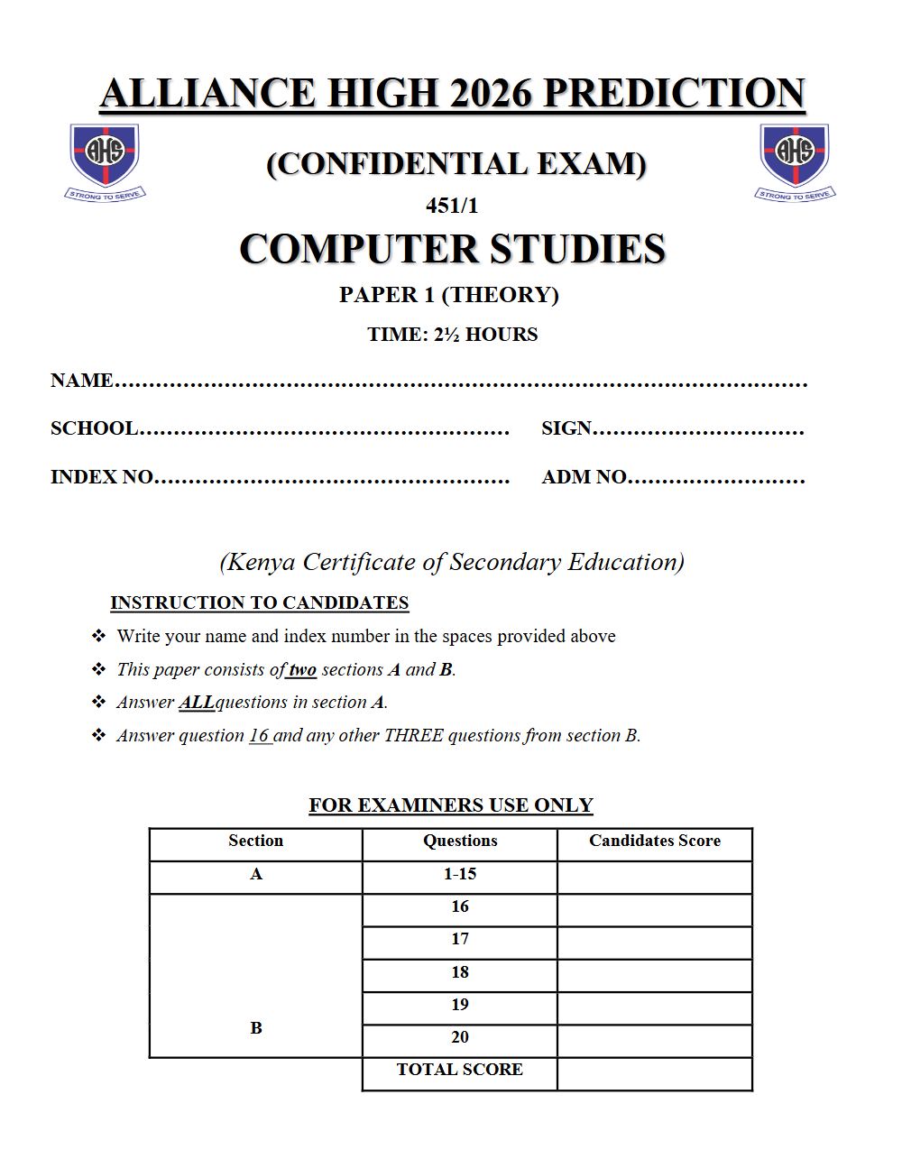 Preview of Form 4 KCSE Prediction Computer Studies Paper 1 Prediction Paper 2026