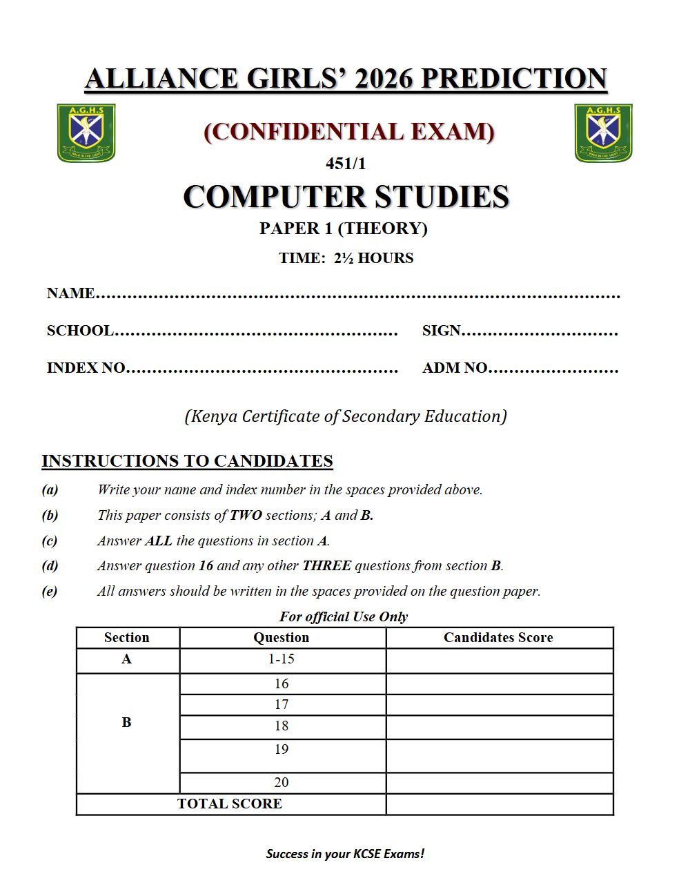 Preview of Form 4 KCSE Prediction Computer Studies Paper 1 Prediction Paper 2026