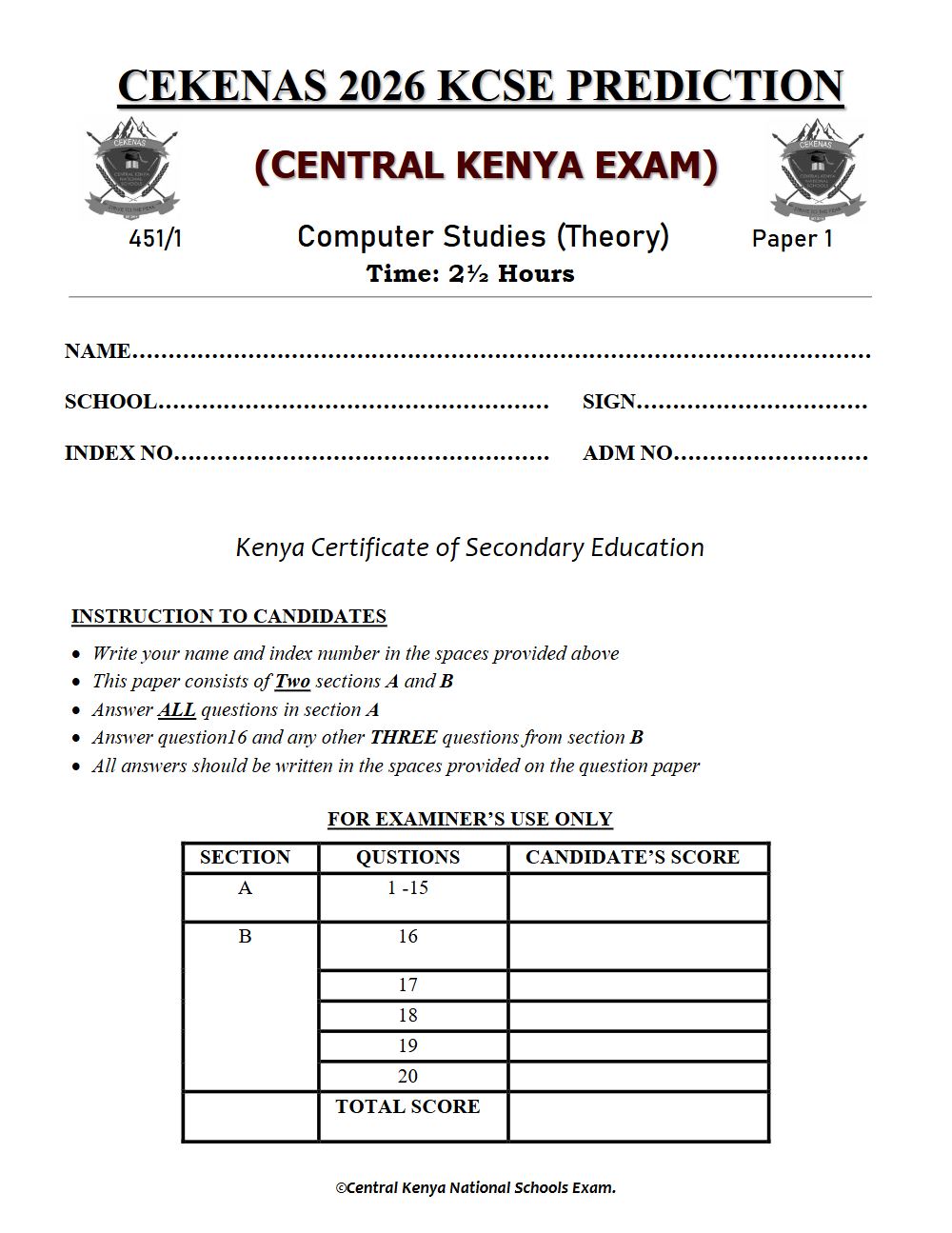 Preview of Form 4 KCSE Prediction Computer Studies Paper 1 Prediction Paper 2026