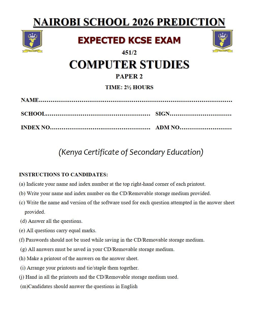 Preview of Form 4 KCSE Prediction Computer Studies Paper 2 Prediction Paper 2026