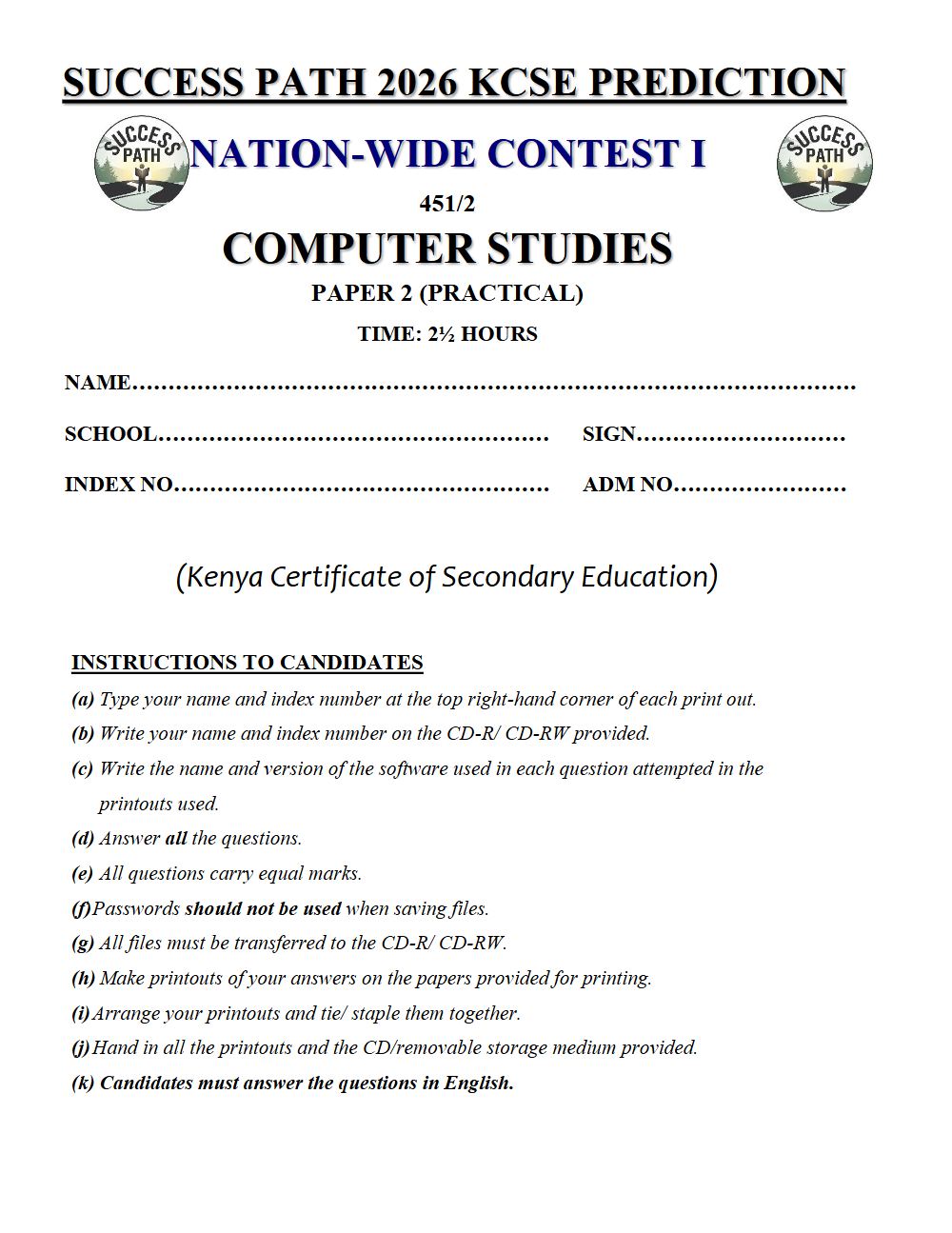 Preview of Form 4 KCSE Prediction Computer Studies Paper 2 Prediction Paper 2026