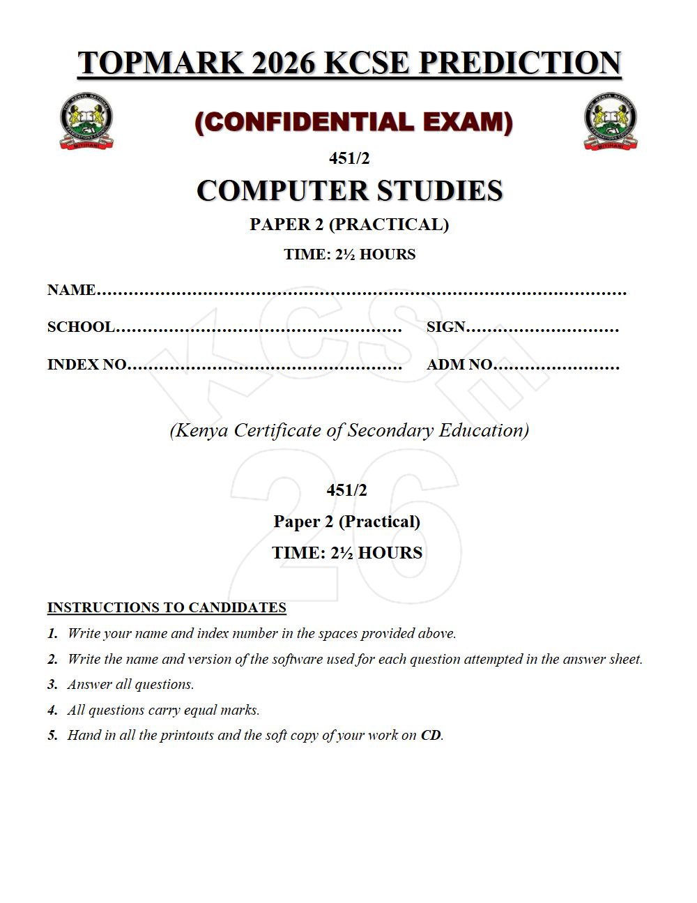 Preview of Form 4 KCSE Prediction Computer Studies Paper 2 Prediction Paper 2026