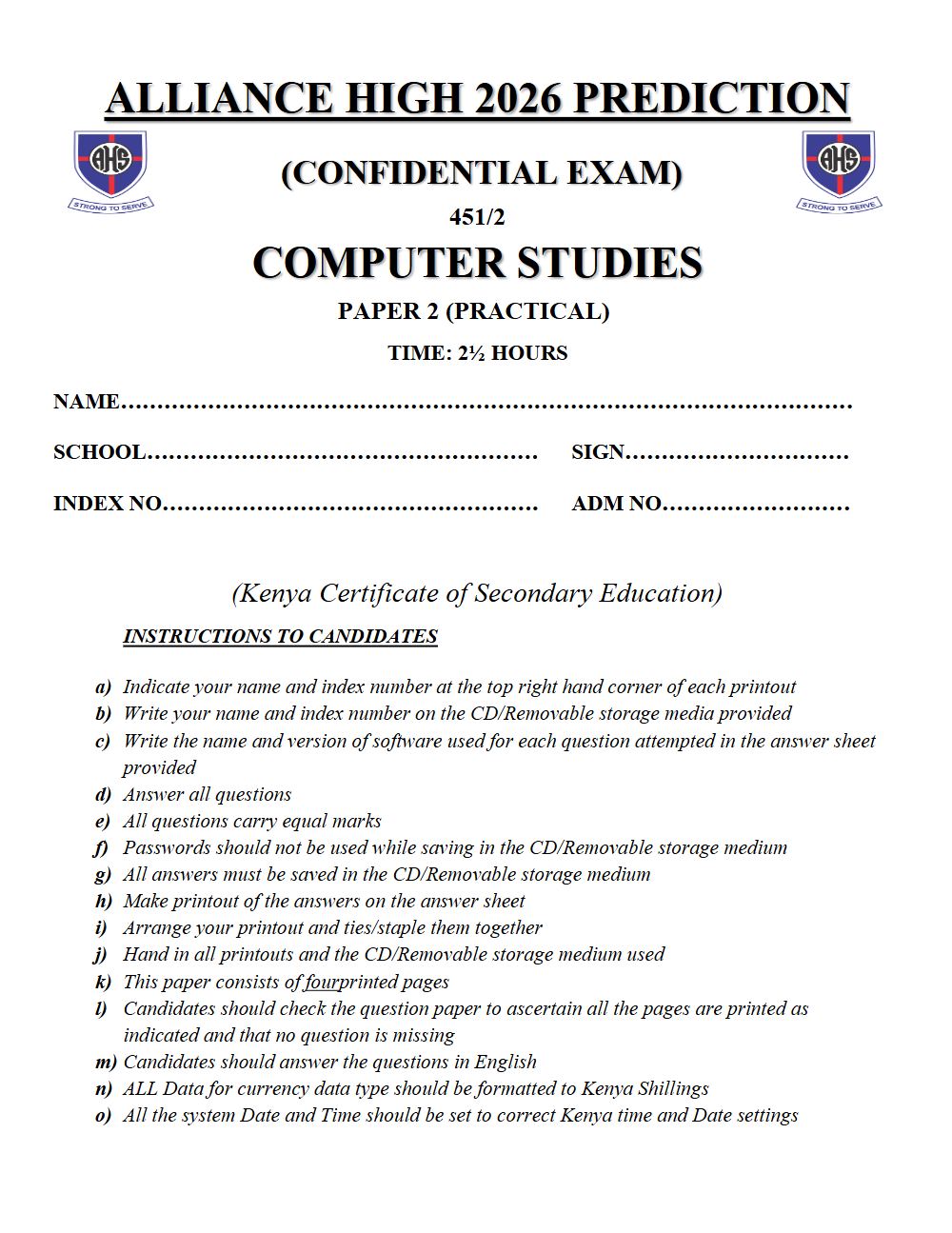 Preview of Form 4 KCSE Prediction Computer Studies Paper 2 Prediction Paper 2026