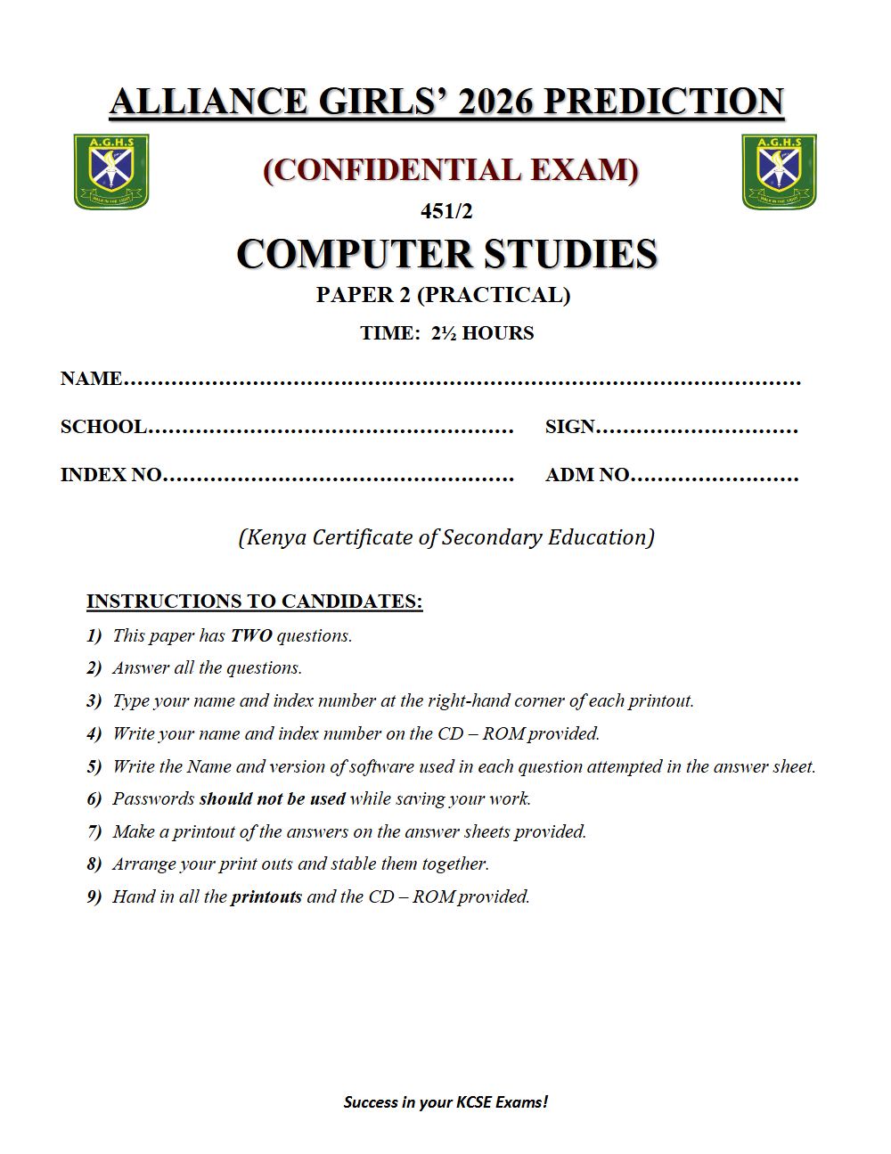 Preview of Form 4 KCSE Prediction Computer Studies Paper 2 Prediction Paper 2026