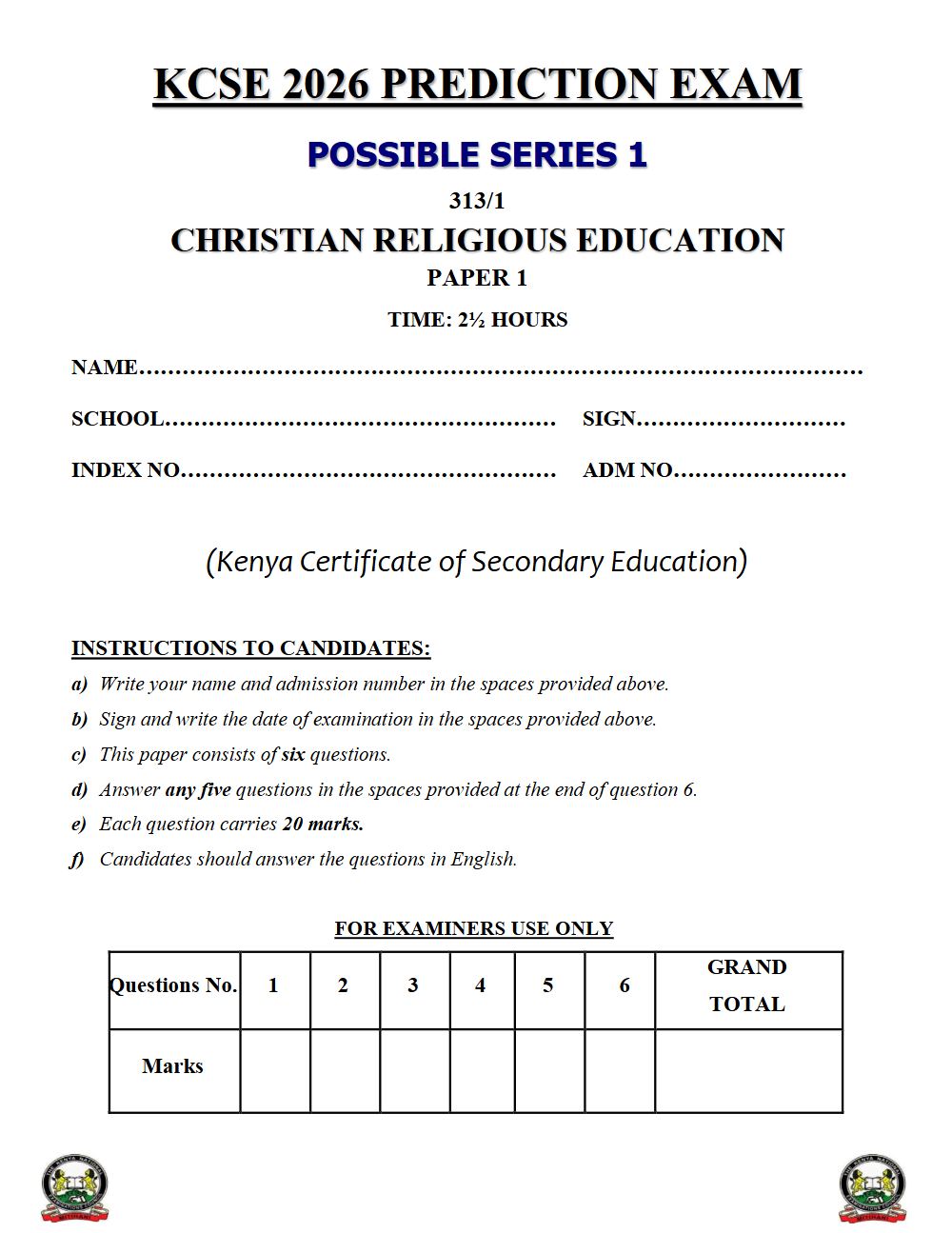Preview of Form 4 KCSE Prediction Christian Religious Education (CRE) Paper 1 Prediction Paper 2026
