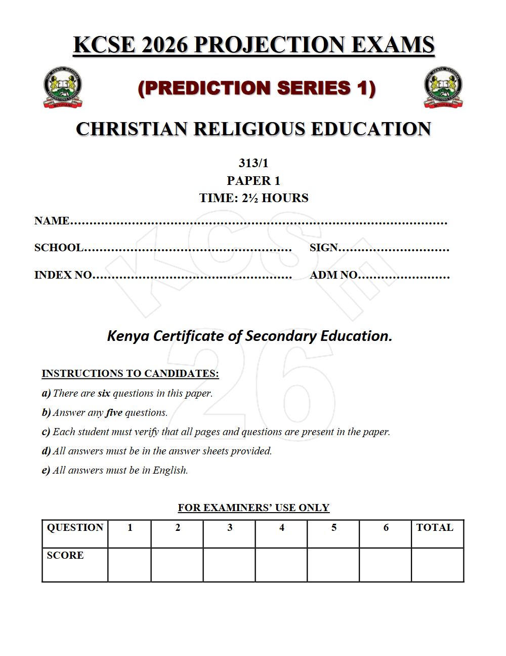 Preview of Form 4 KCSE Prediction Christian Religious Education (CRE) Paper 1 Prediction Paper 2026