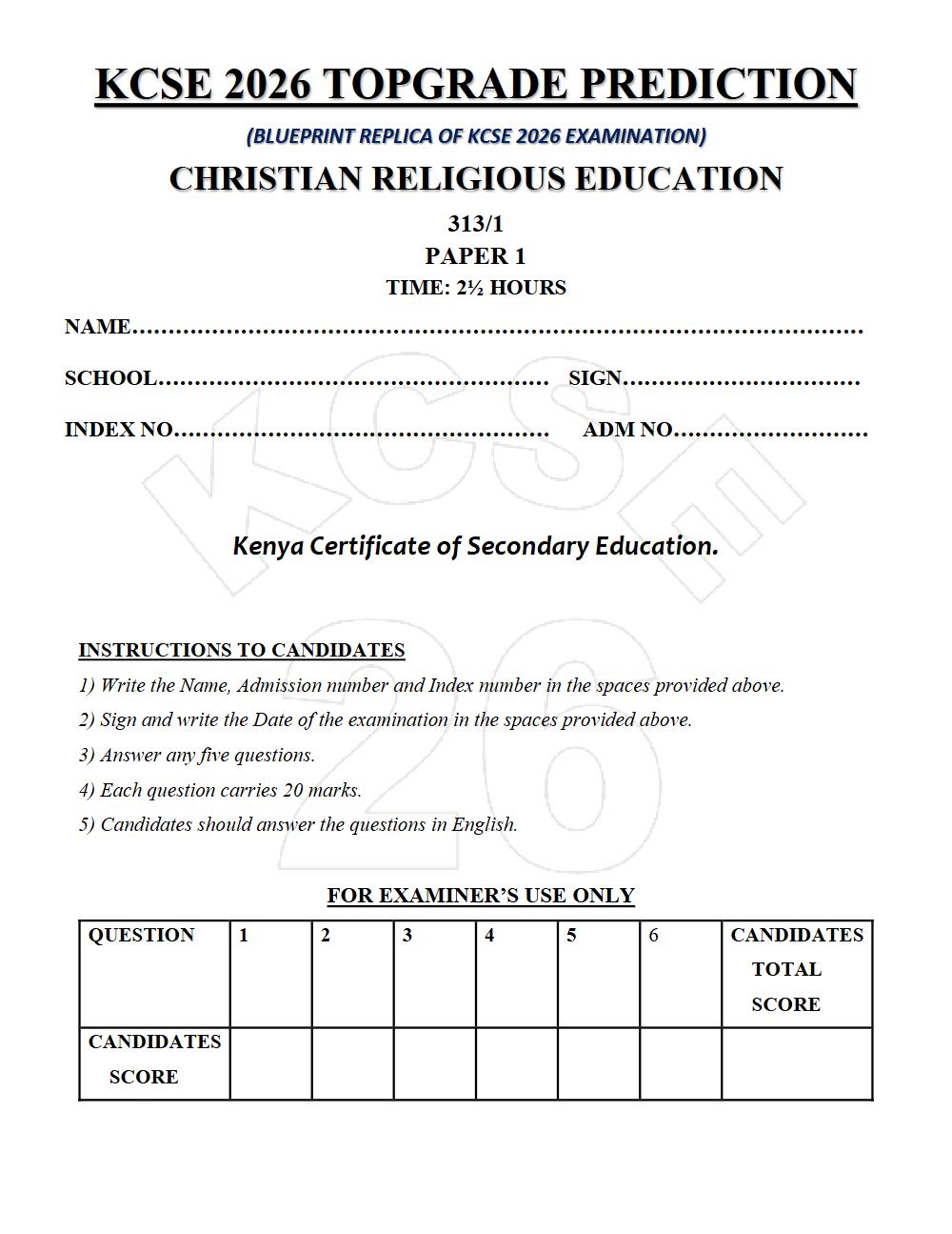 Preview of Form 4 KCSE Prediction Christian Religious Education (CRE) Paper 1 Prediction Paper 2026