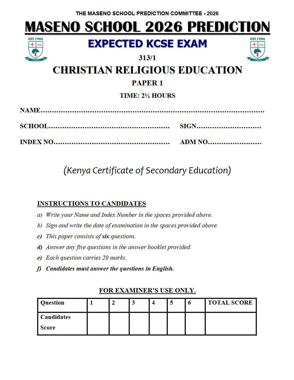 Preview of Form 4 KCSE Prediction Christian Religious Education (CRE) Paper 1 Prediction Paper 2026