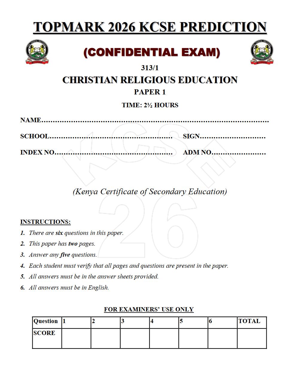 Preview of Form 4 KCSE Prediction Christian Religious Education (CRE) Paper 1 Prediction Paper 2026