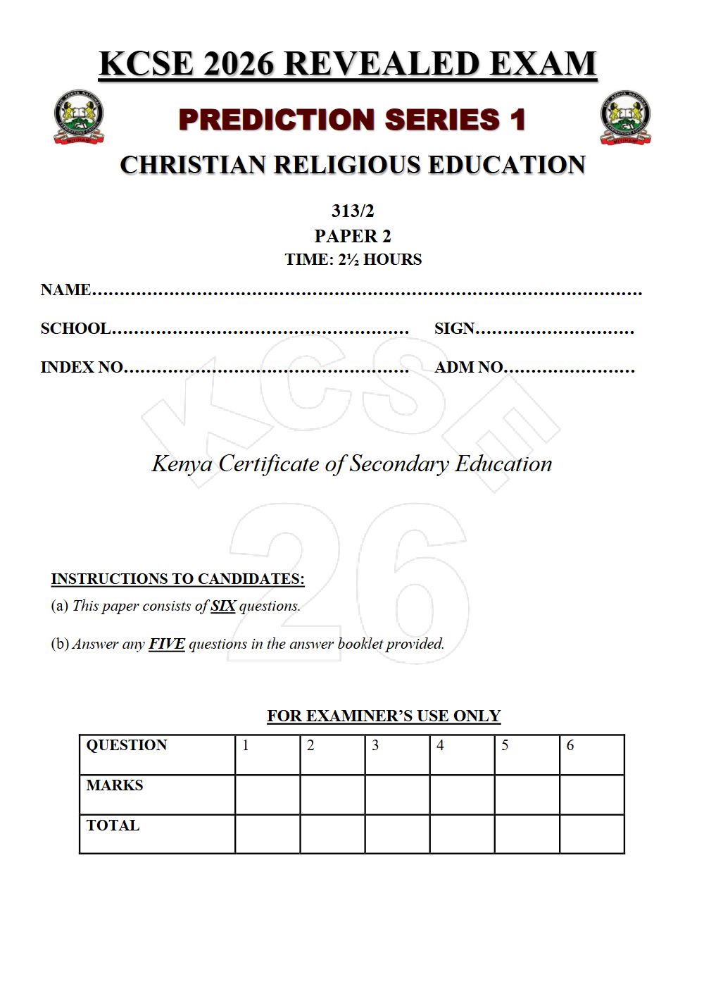 Preview of Form 4 KCSE Prediction Christian Religious Education (CRE) Paper 2 Prediction Paper 2026