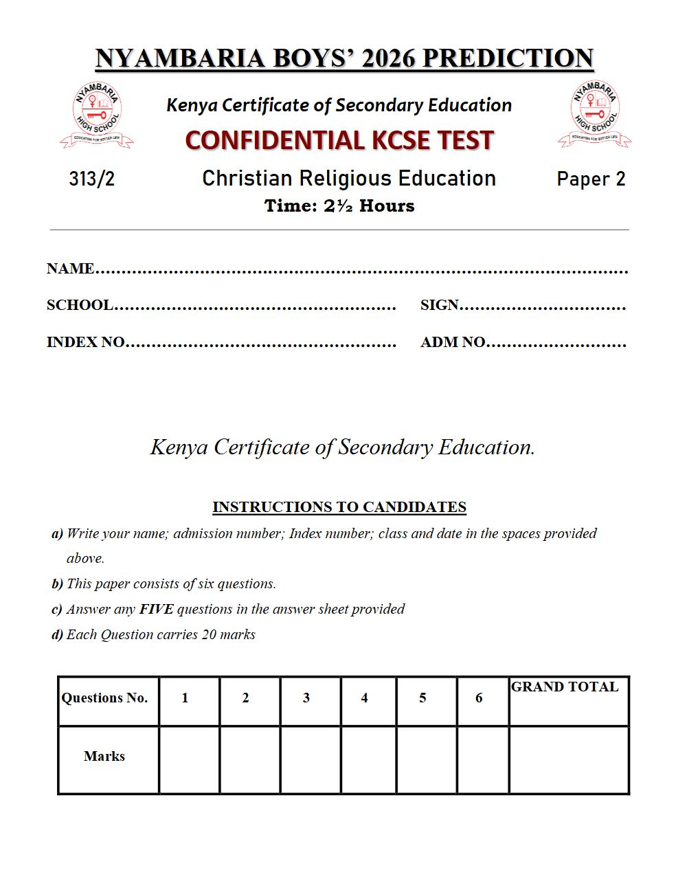 Thumbnail preview of Form 4 CRE Paper 2 KCSE Prediction 2026_28
