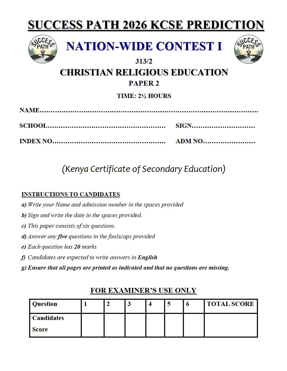 Preview of Form 4 KCSE Prediction Christian Religious Education (CRE) Paper 2 Prediction Paper 2026